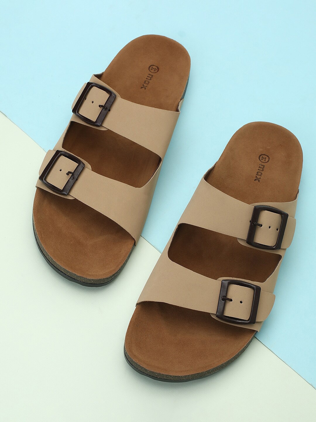 

max Men Two Strap Open Toe Comfort Sandals With Buckles, Beige