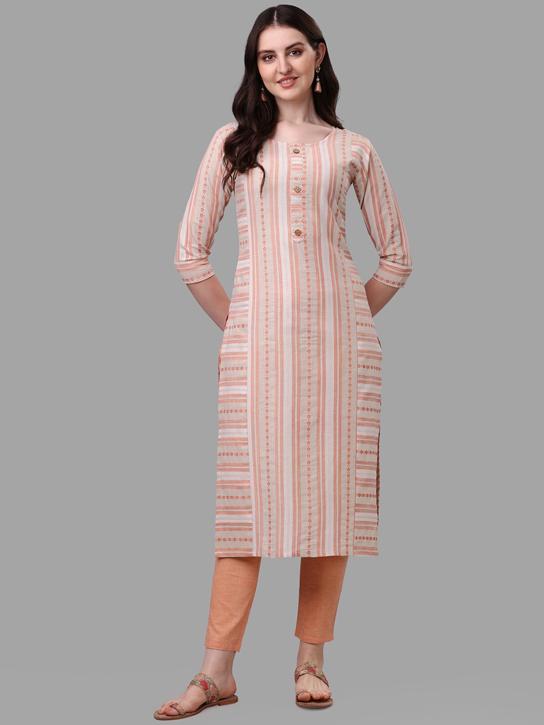 

Shiv Textiles Stripes Printed Regular Pure Cotton Kurta With Trousers, Orange