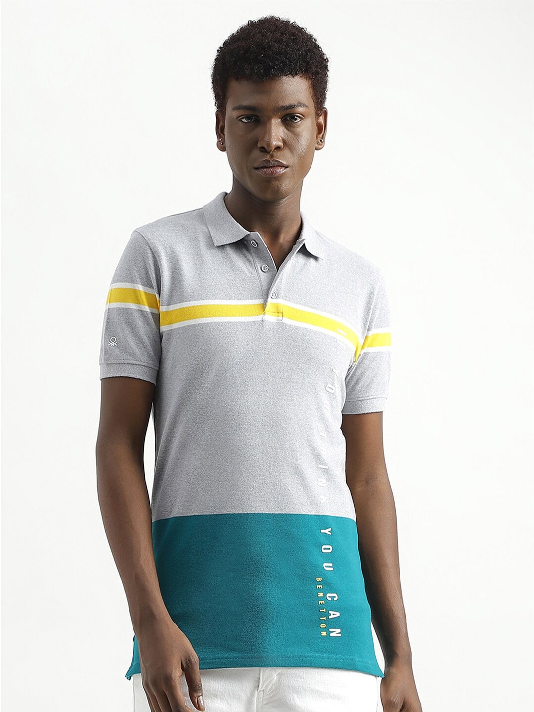 

United Colors of Benetton Colourblocked Polo Collar Cotton T-shirt, Grey