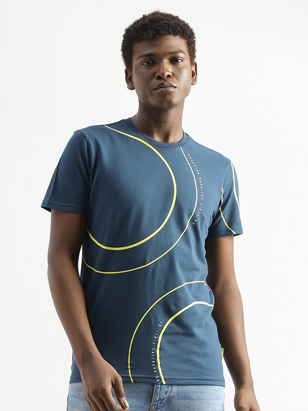 

United Colors of Benetton Round Neck Geometric Printed Cotton T-shirt, Blue