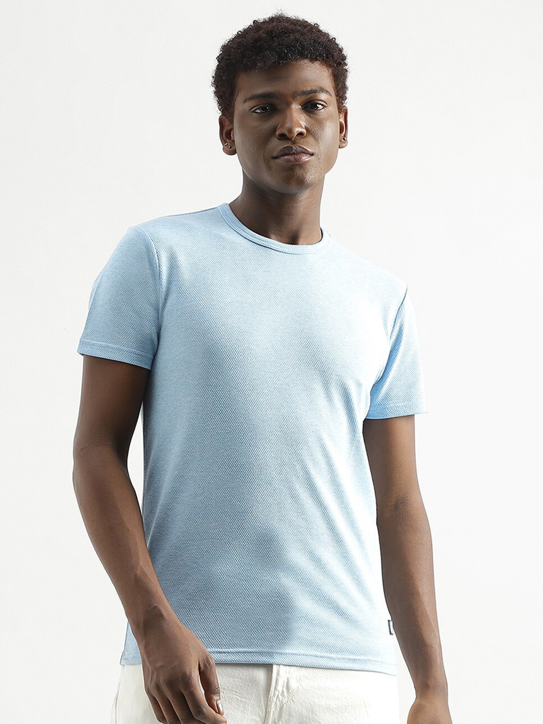 United Colors of Benetton Self Design Round Neck T-Shirt, Blue