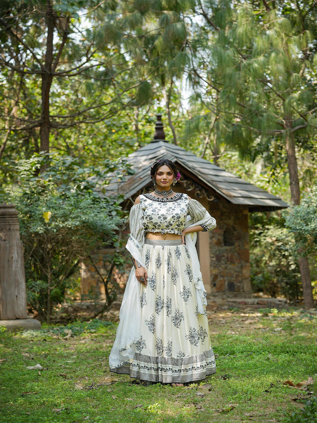 

SCAKHI Printed Beads and Stones Block Print Ready to Wear Lehenga & Blouse With Dupatta, Off white