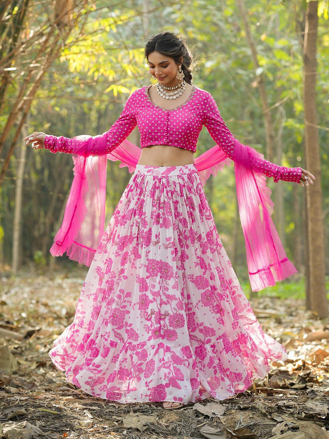 

SCAKHI Embellished Block Print Ready to Wear Lehenga & Blouse With Dupatta, Pink