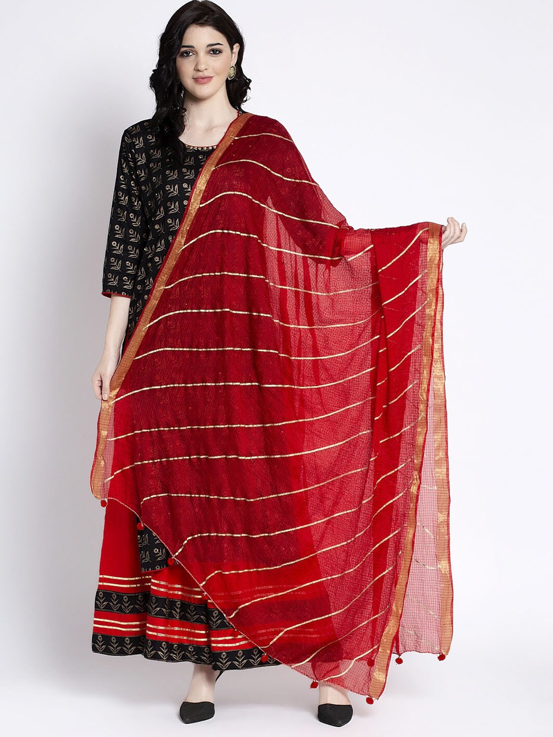 

Clora Creation Striped Dupatta With Tasseles, Red
