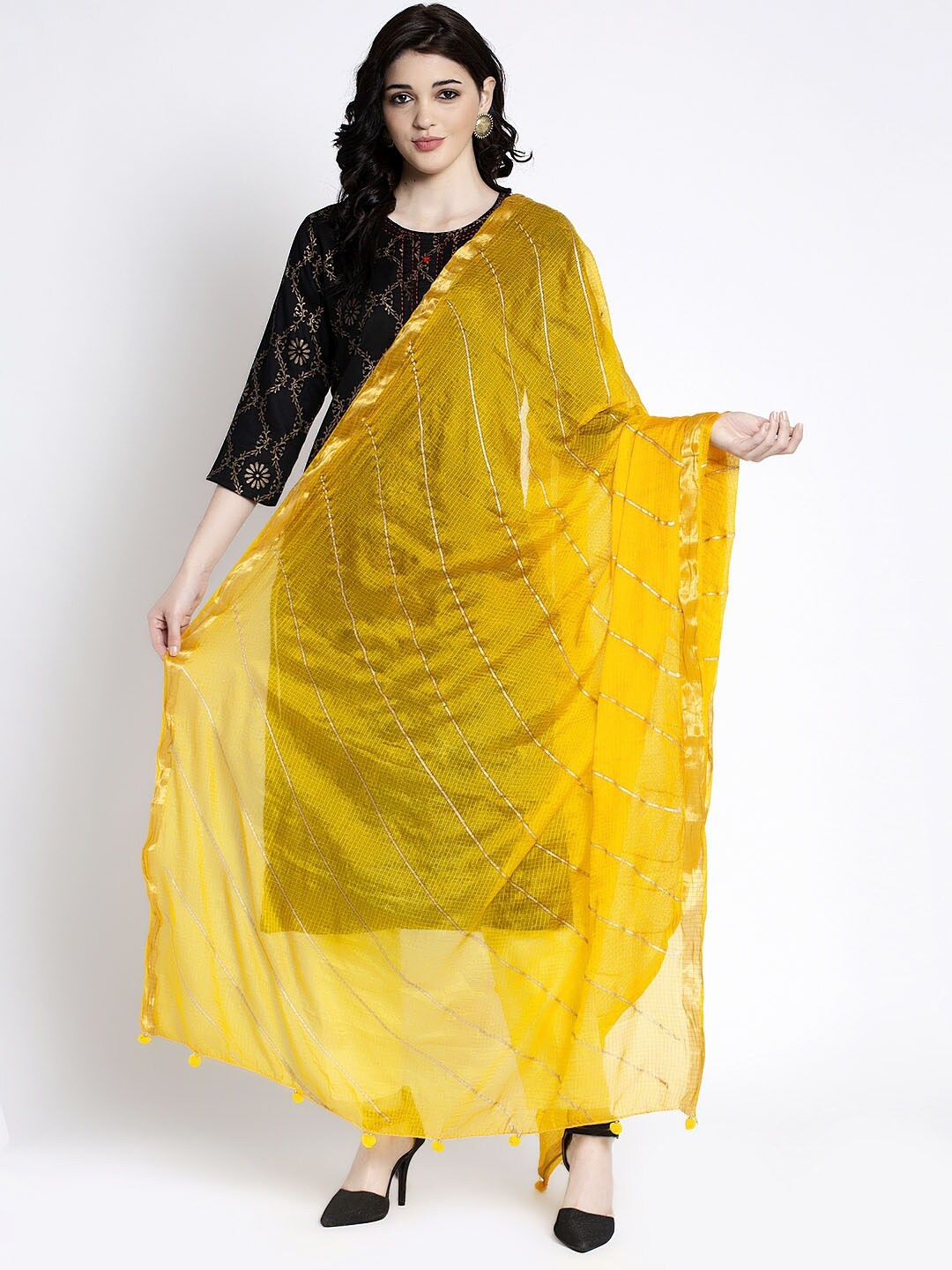 

Clora Creation Striped Dupatta With Tasseles, Yellow