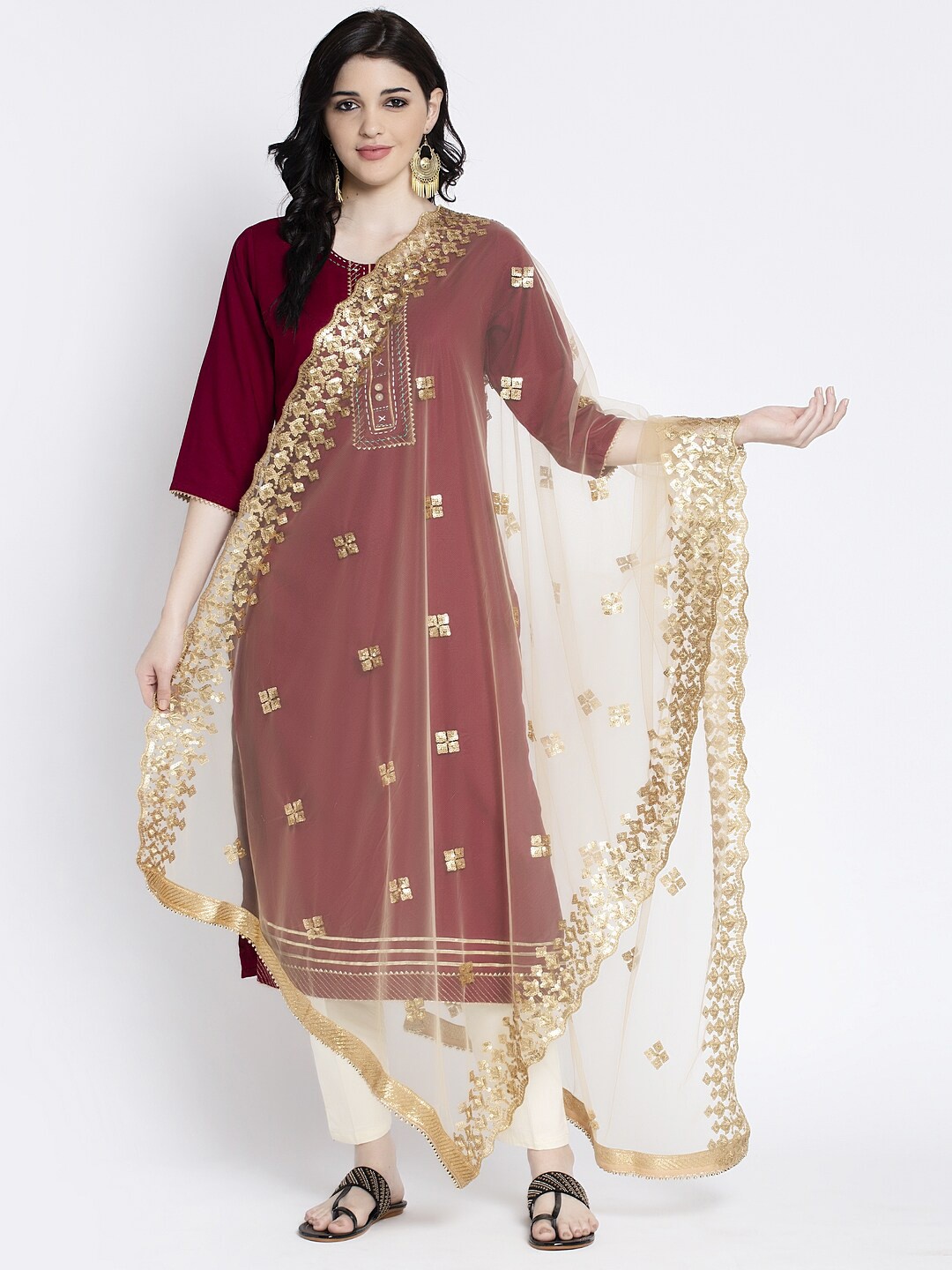 

Clora Creation Ethnic Motifs Embroidered Dupatta with Sequinned, Beige