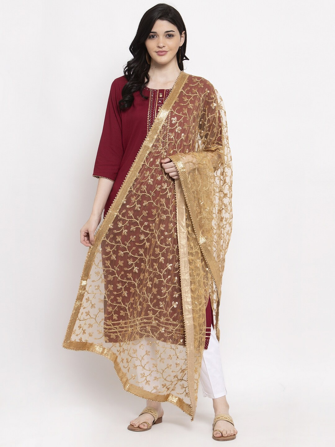 

Clora Creation Ethnic Motifs Embroidered Dupatta with Sequinned, Gold