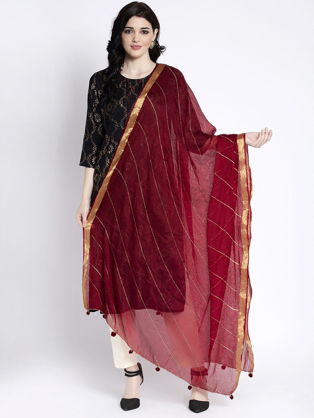 

Clora Creation Striped Dupatta With Tassels, Maroon