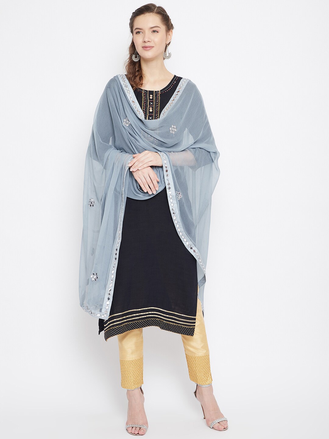 

Clora Creation Mirror Work Embroidered Chiffon Dupatta, Grey