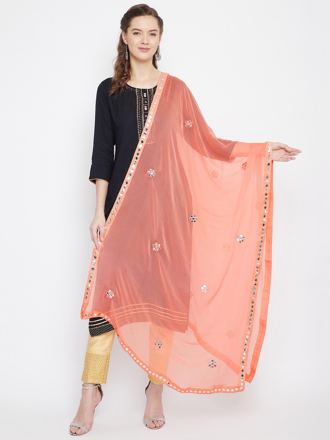 

Clora Creation Embroidered Dupatta with Mirror Work, Peach