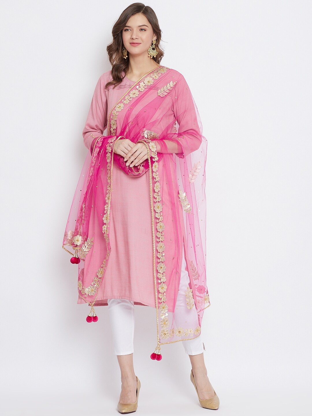 Clora Creation Embroidered Dupatta with Gotta Patti, Magenta