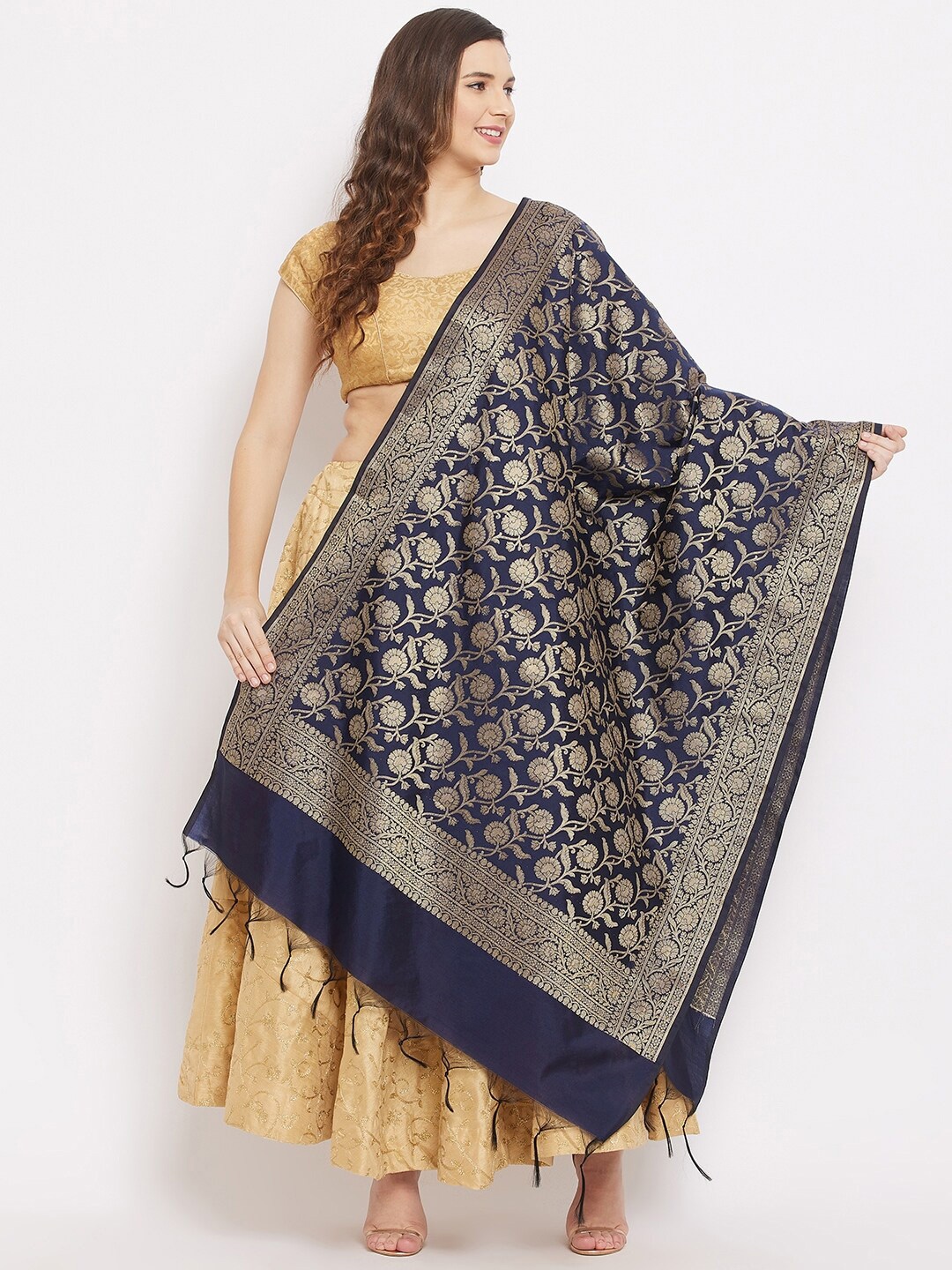 Clora Creation Ethnic Motifs Woven Design Dupatta, Navy blue