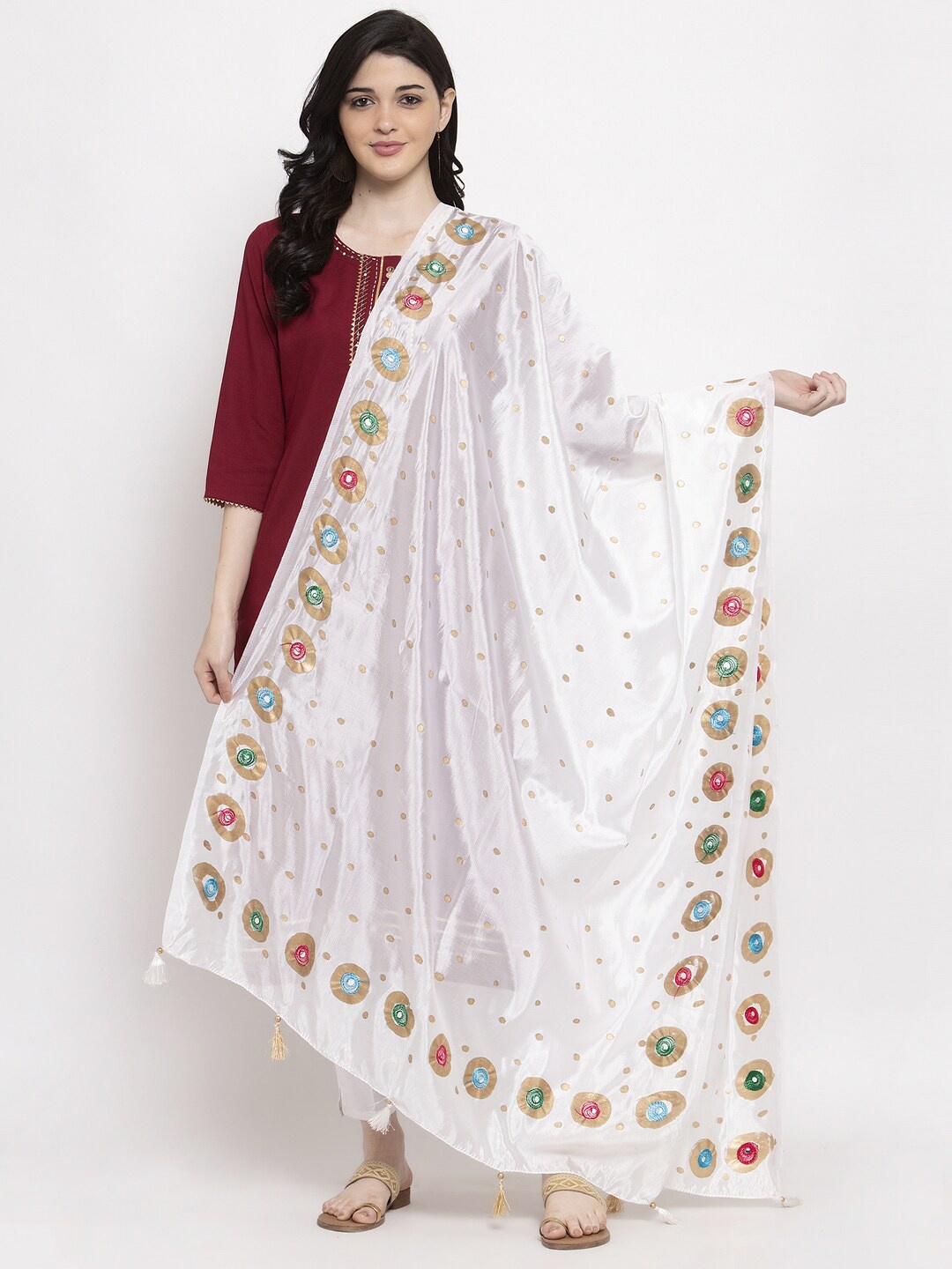 

Clora Creation Printed Dupatta with Mirror Work, White