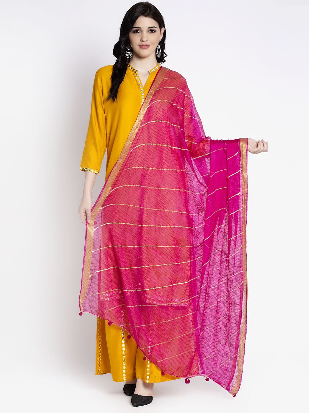 

Clora Creation Striped Dupatta With Tassels, Magenta