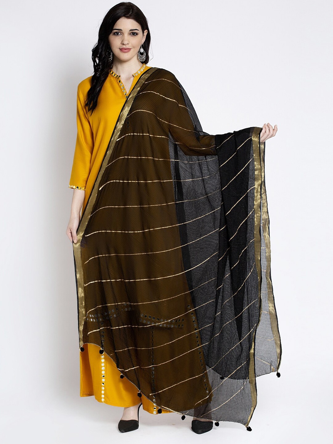 

Clora Creation Striped Dupatta With Tassels, Black