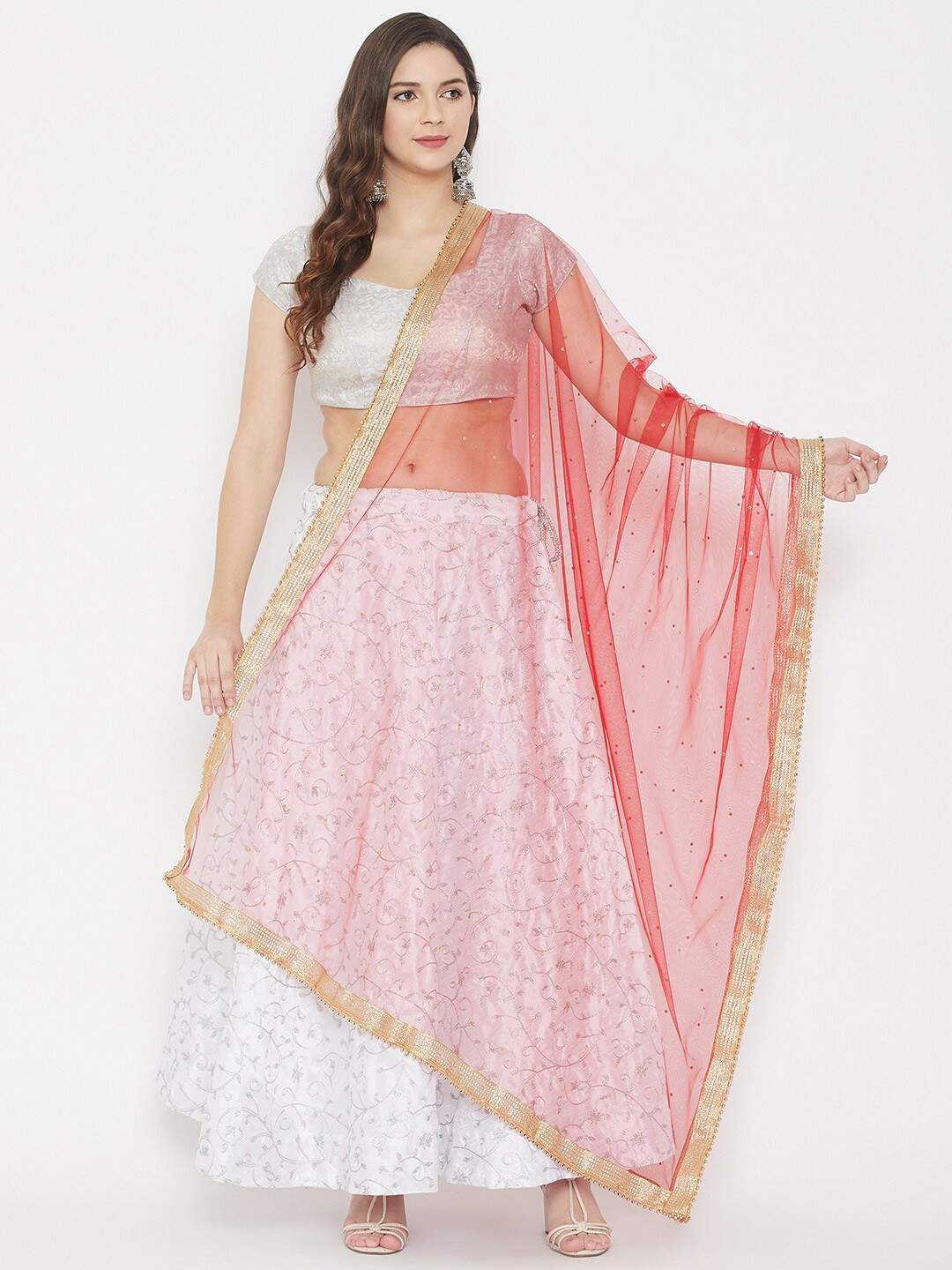

Clora Creation Embroidered Dupatta with Sequinned, Red