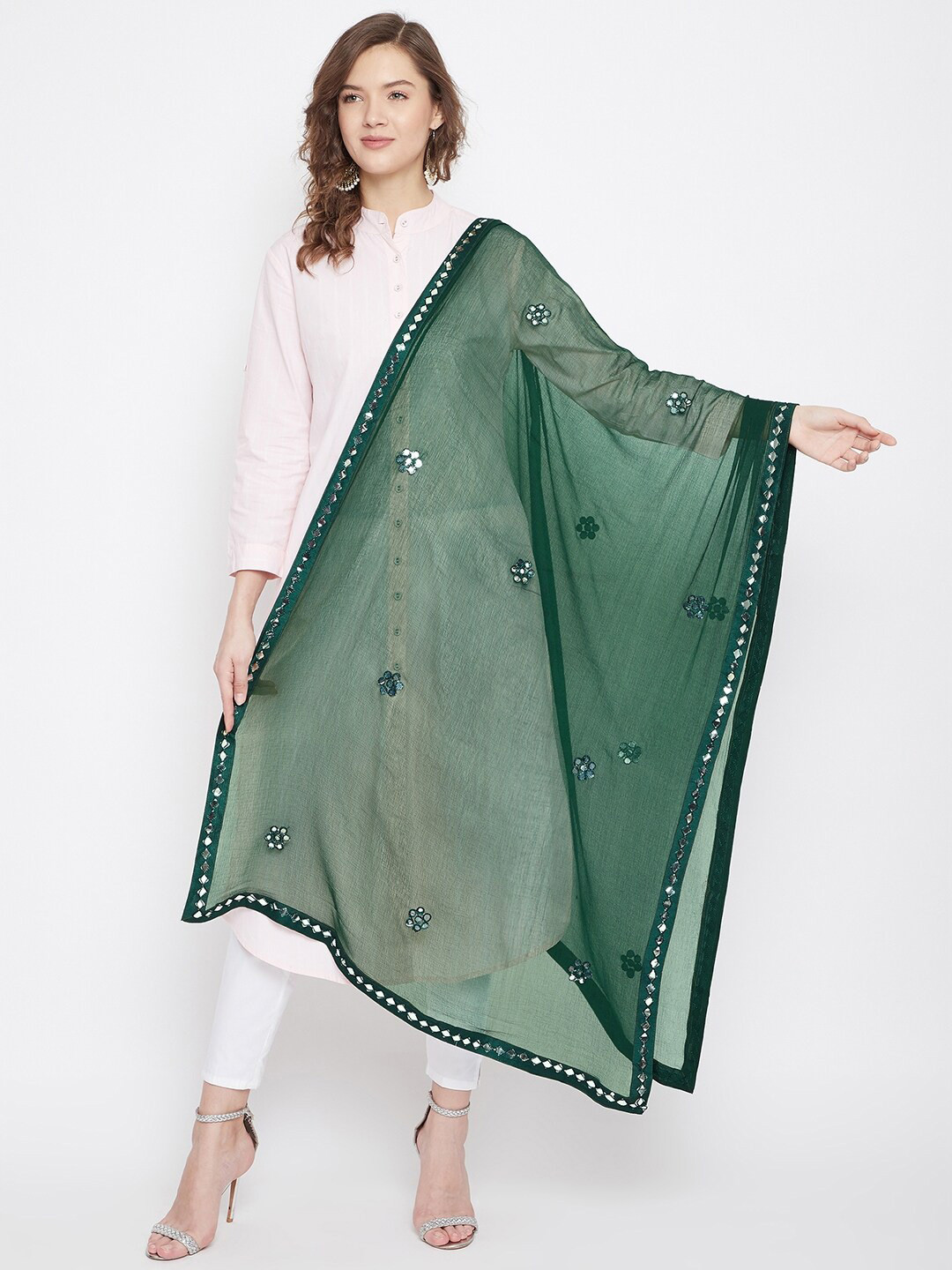 

Clora Creation Embroidered Dupatta with Mirror Work, Green