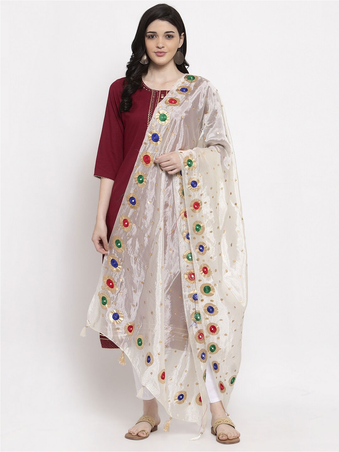 

Clora Creation Printed Dupatta with Mirror Work, Cream