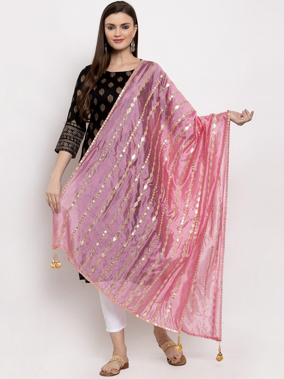 Clora Creation Embroidered Dupatta with Gotta Patti, Pink