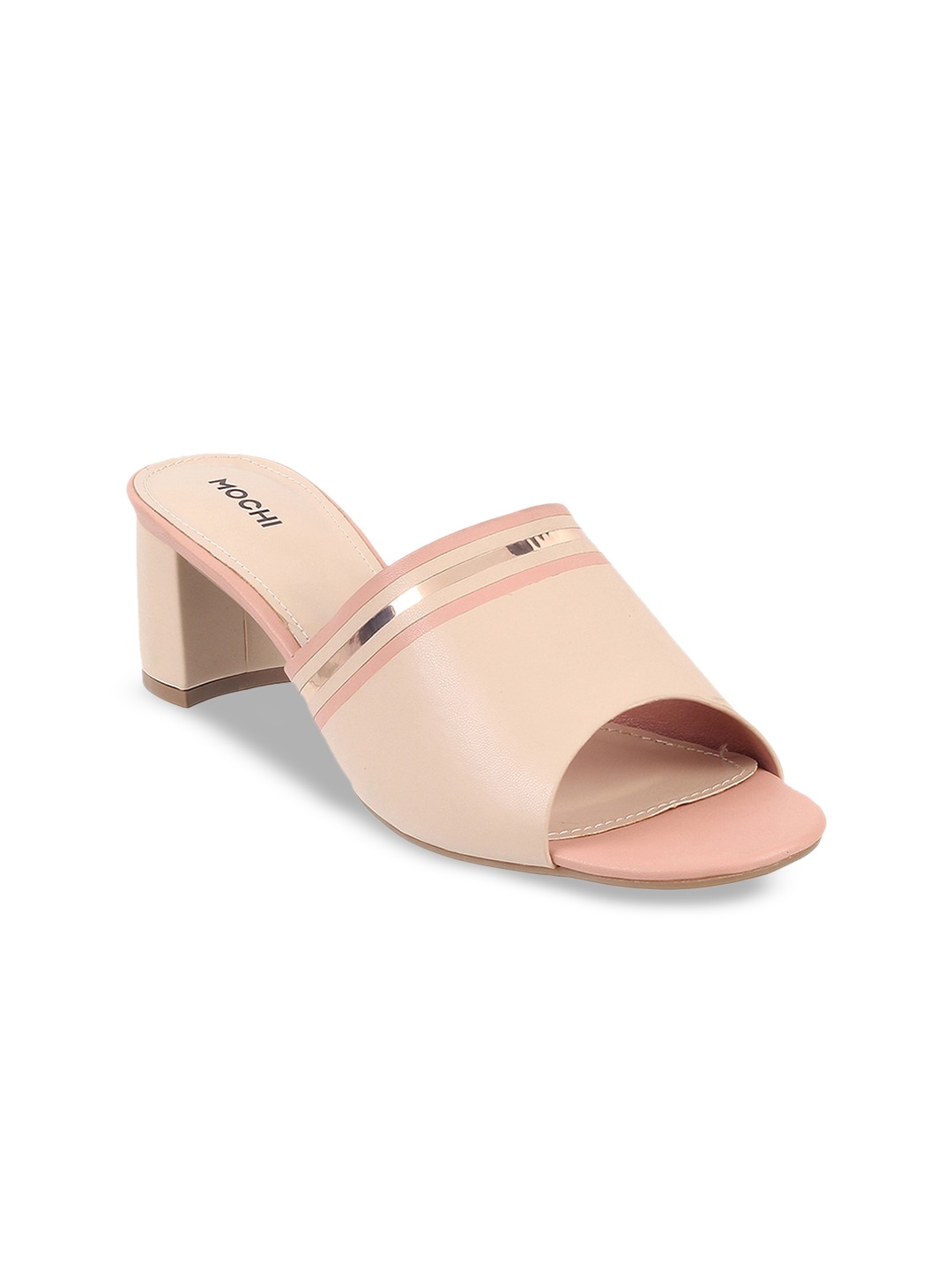 

Mochi Peep Toes Block Heel Mules, Beige