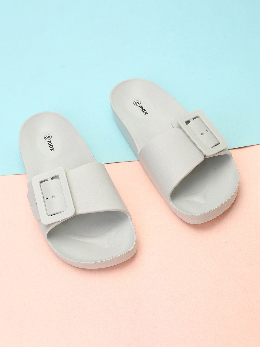 

max Women Open Toe Sliders With Buckles, Grey