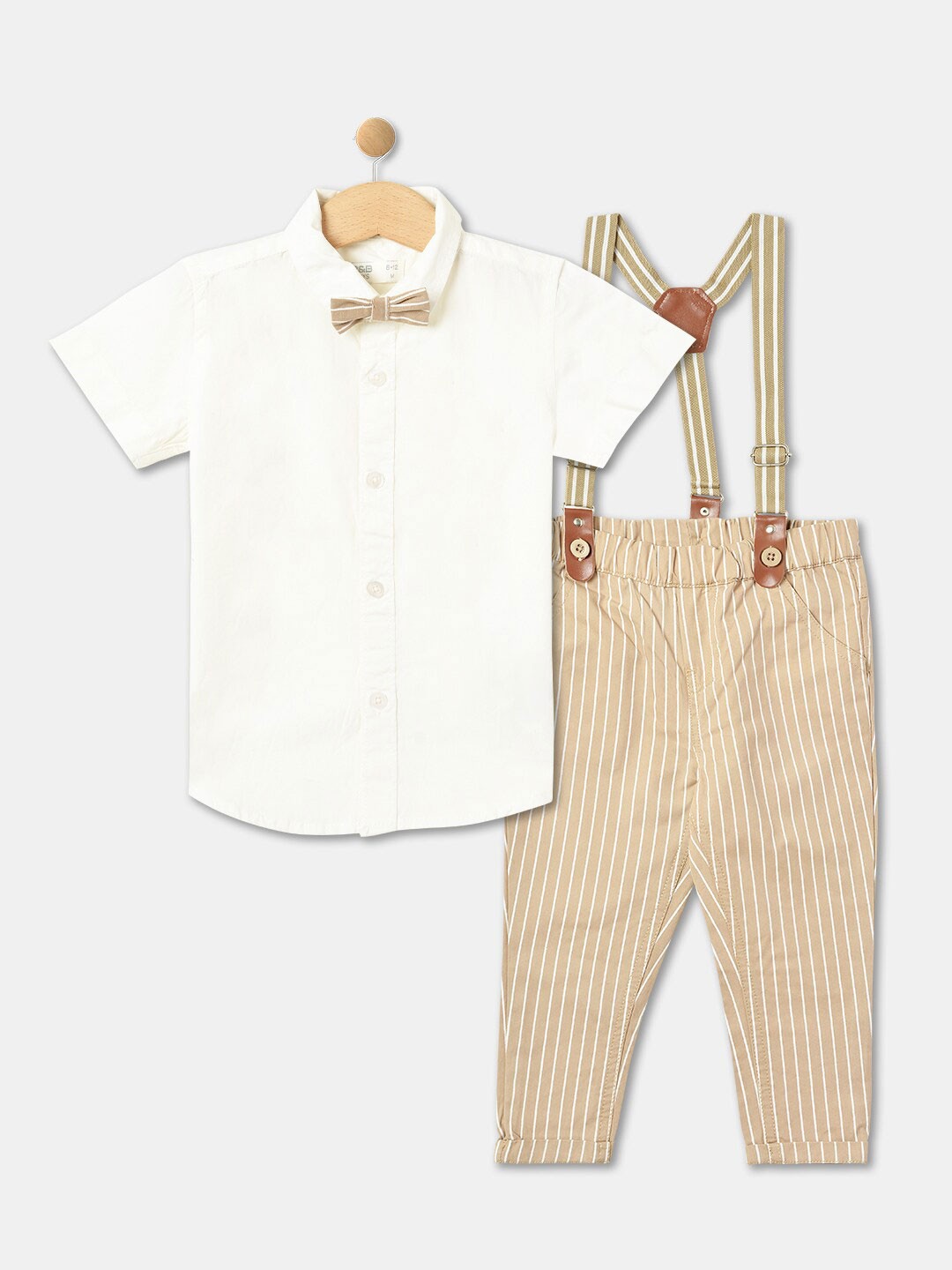 

R&B Boys Pure Cotton Shirt & Trousers With Suspender & Bow, White