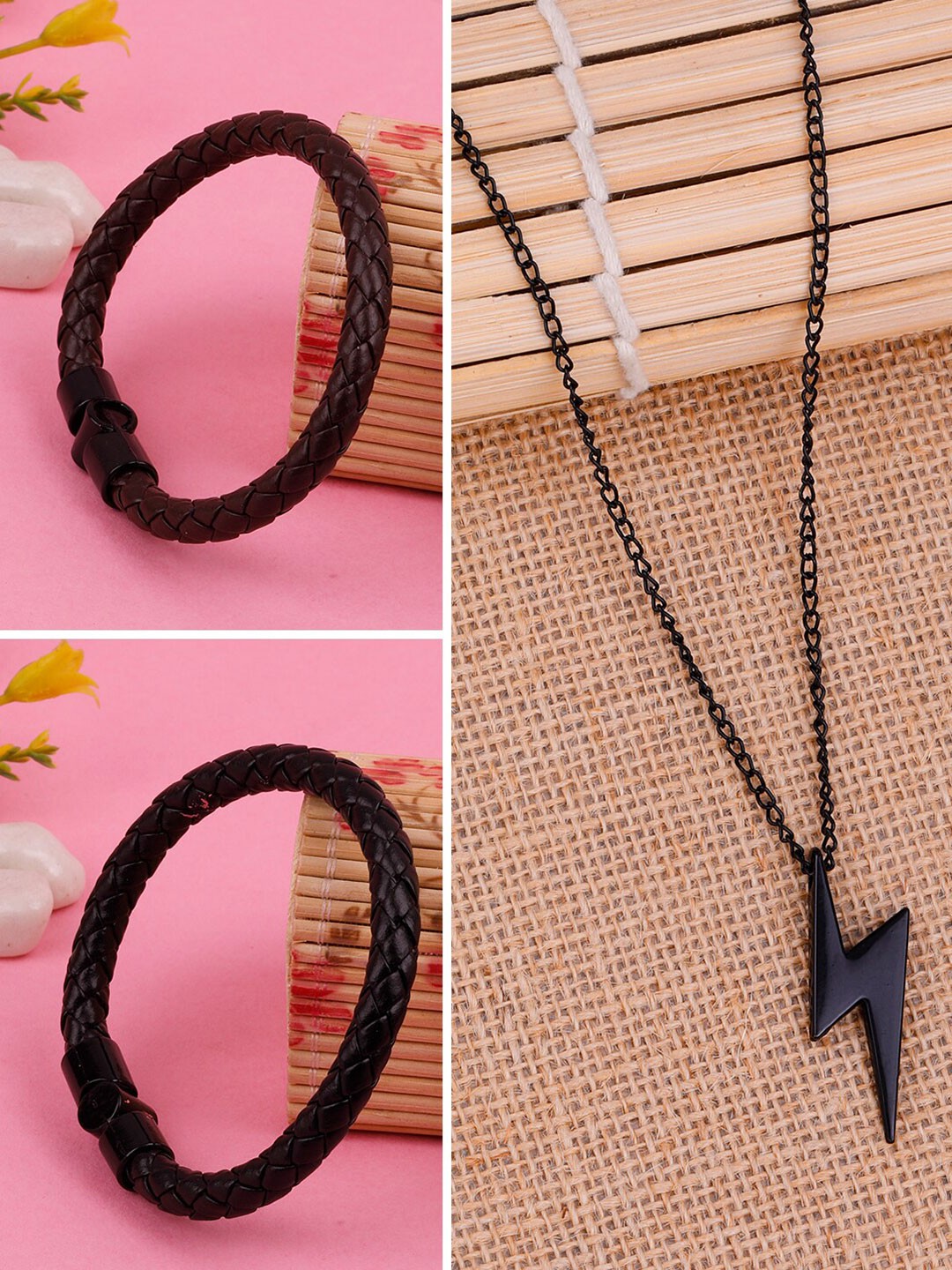 

Silver Shine Leather Bracelet With Lightning Pedant Bolt, Black