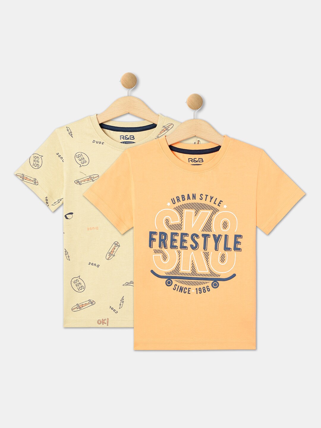 

R&B Boys Pack Of 2 Typography Printed Round Neck Cotton T-shirts, Yellow