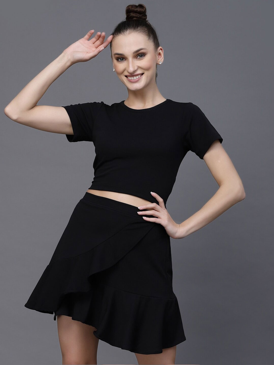 

Oomph! Round Neck Tie Up Top And Wrap Skirt, Black