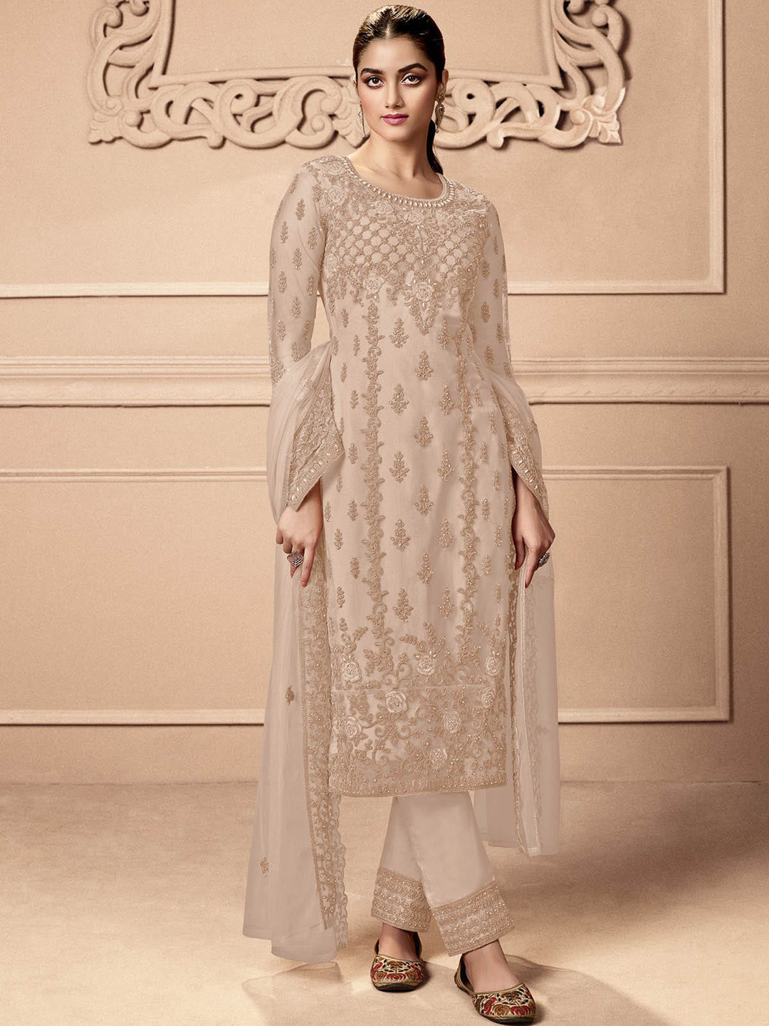 

ODETTE Ethnic Motifs Embroidered Semi-Stitched Dress Material, Beige