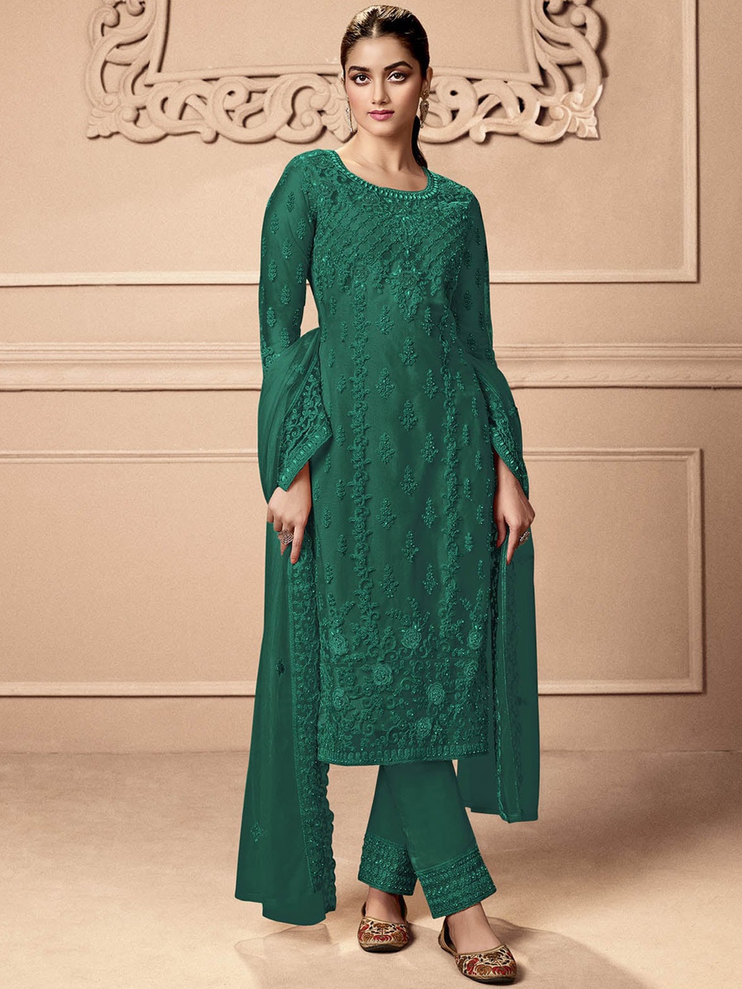 

ODETTE Ethnic Motifs Embroidered Semi-Stitched Dress Material, Green