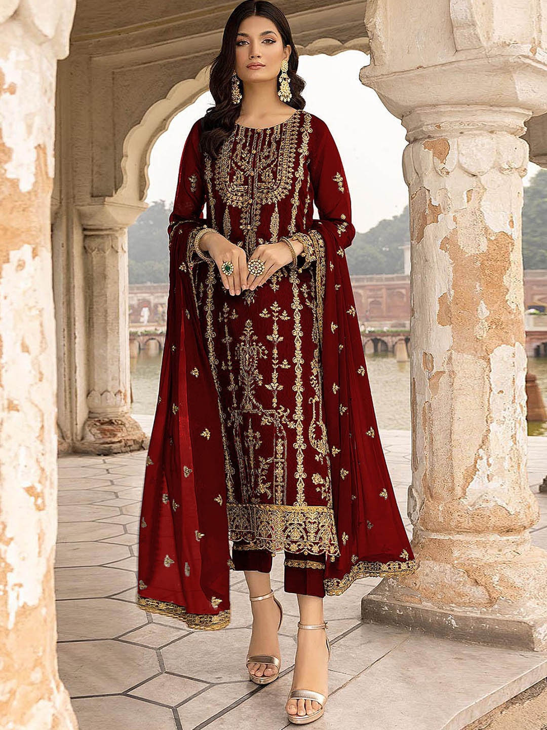 

ODETTE Embroidered Semi-Stitched Dress Material, Maroon