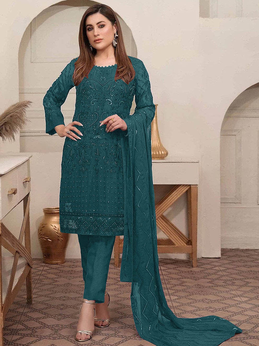 ODETTE Embroidered Semi-Stitched Dress Material, Teal