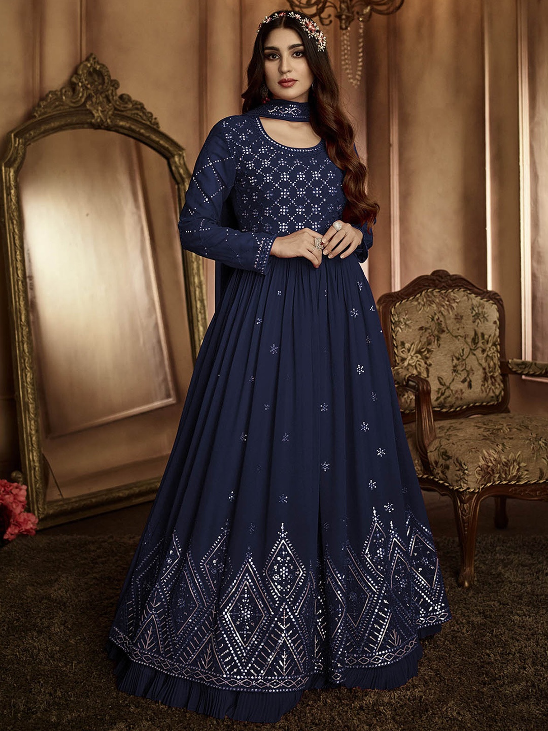

ODETTE Embellished Semi-Stitched Dress Material, Blue