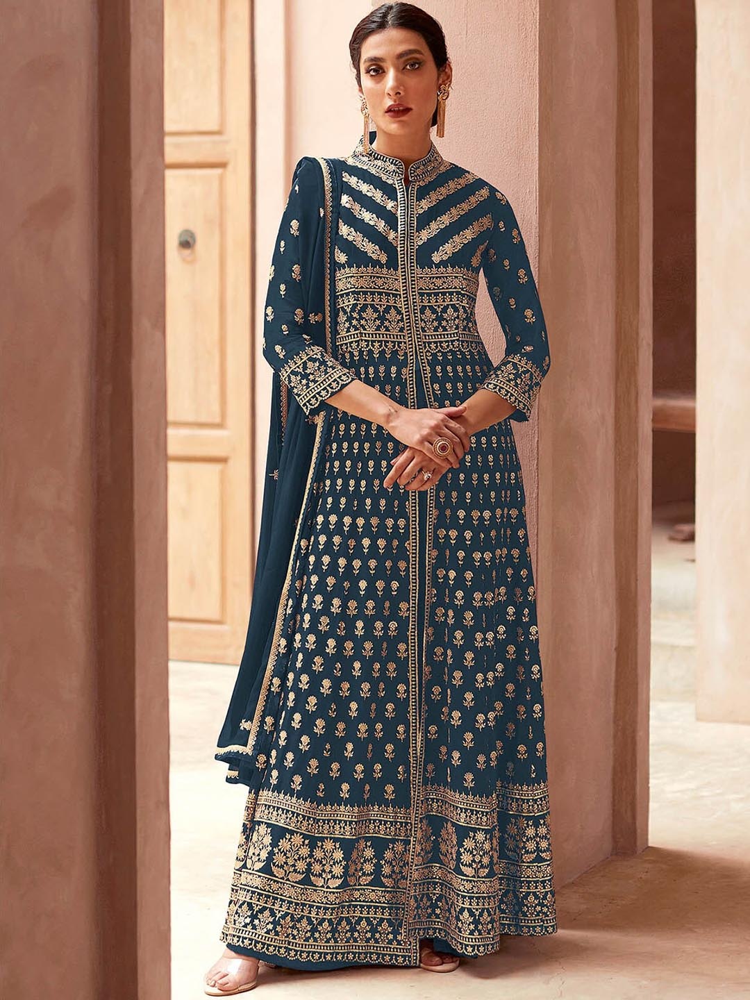 

ODETTE Ethnic Motifs Embroidered Semi-Stitched Dress Material, Navy blue