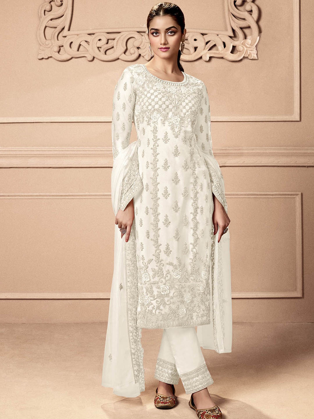 

ODETTE Ethnic Motifs Embroidered Semi-Stitched Dress Material, White