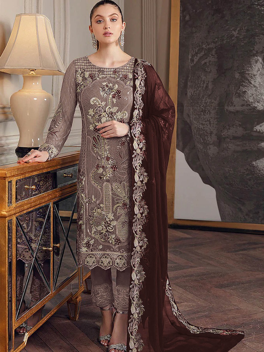 ODETTE Ethnic Motifs Embellished Semi-Stitched Dress Material, Brown