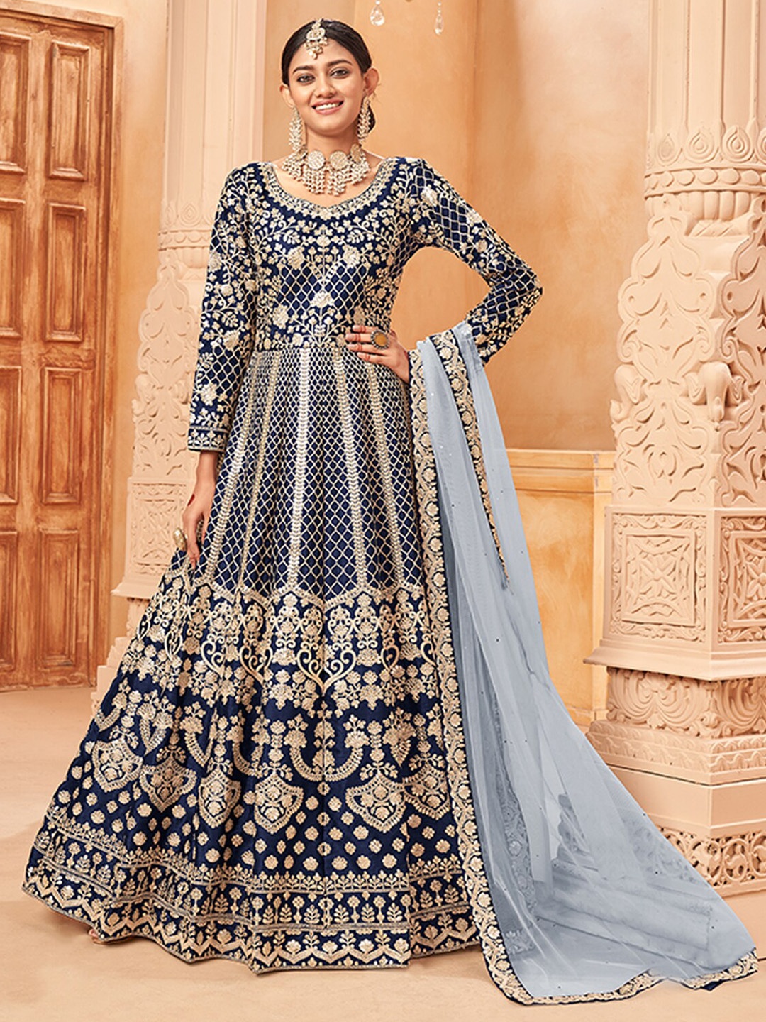 

ODETTE Ethnic Motifs Embroidered Semi-Stitched Dress Material, Blue