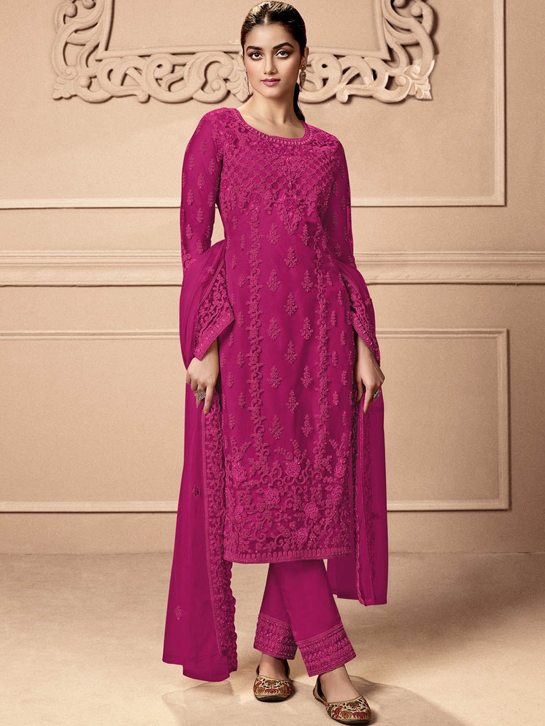 

ODETTE Ethnic Motifs Embroidered Semi-Stitched Dress Material, Pink