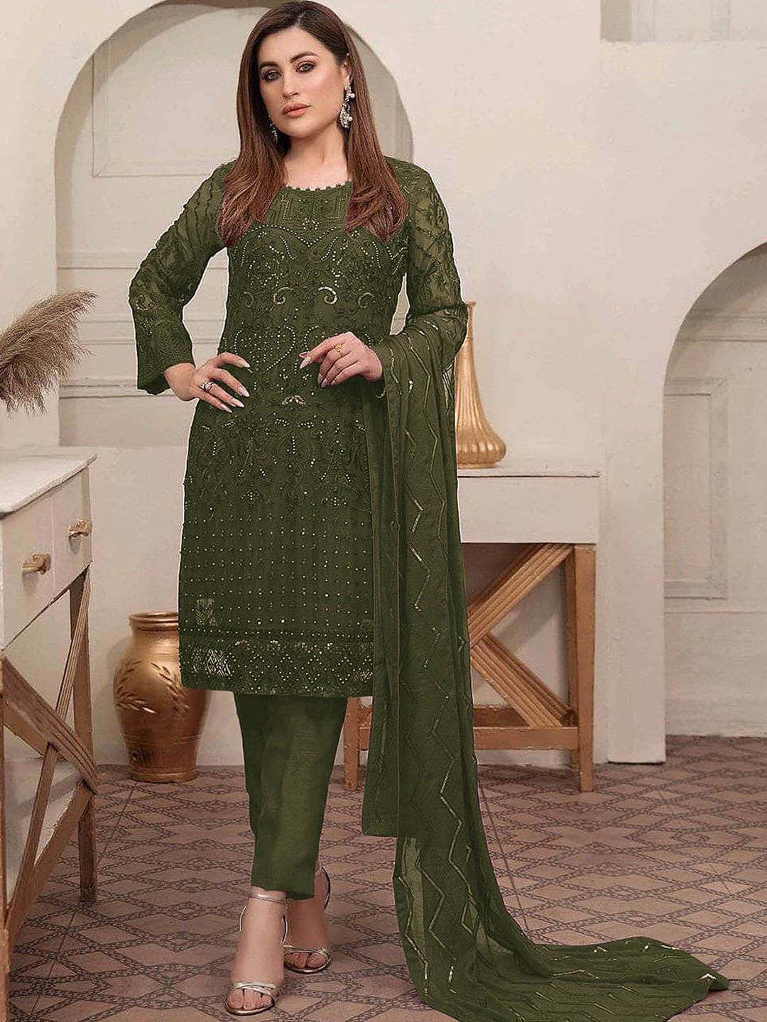 

ODETTE Ethnic Motifs Embroidered Semi-Stitched Dress Material, Green