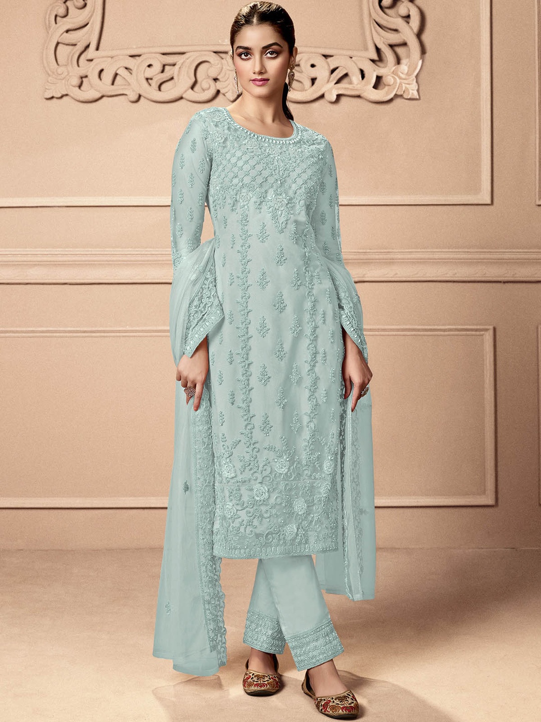 

ODETTE Embroidered Semi-Stitched Dress Material, Turquoise blue