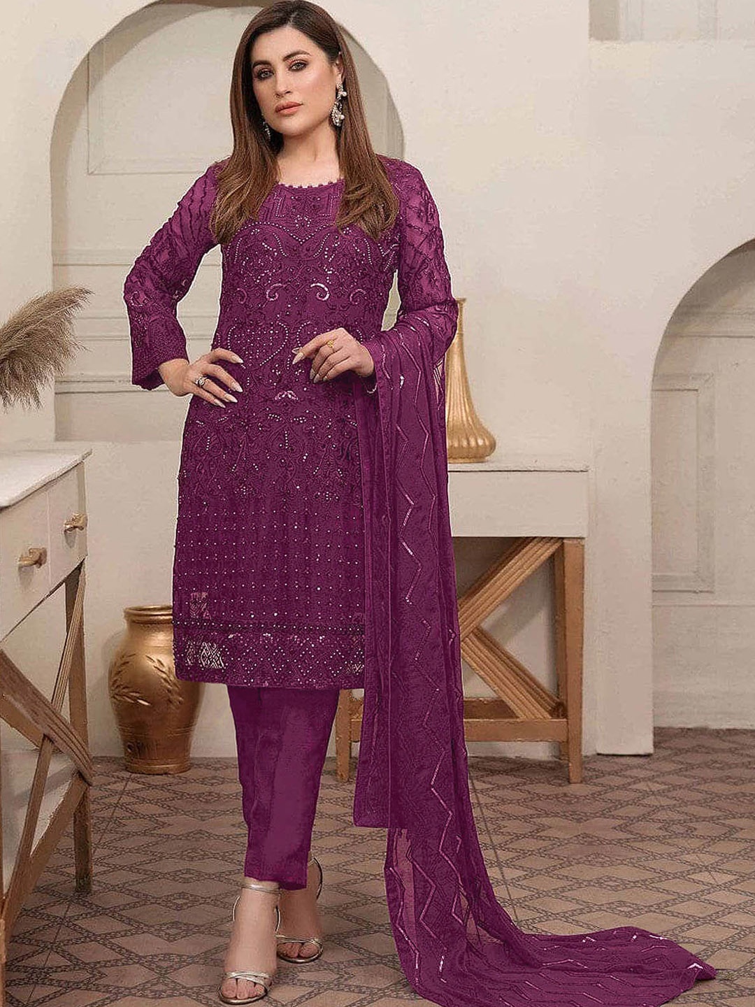 

ODETTE Embroidered Semi-Stitched Dress Material, Purple