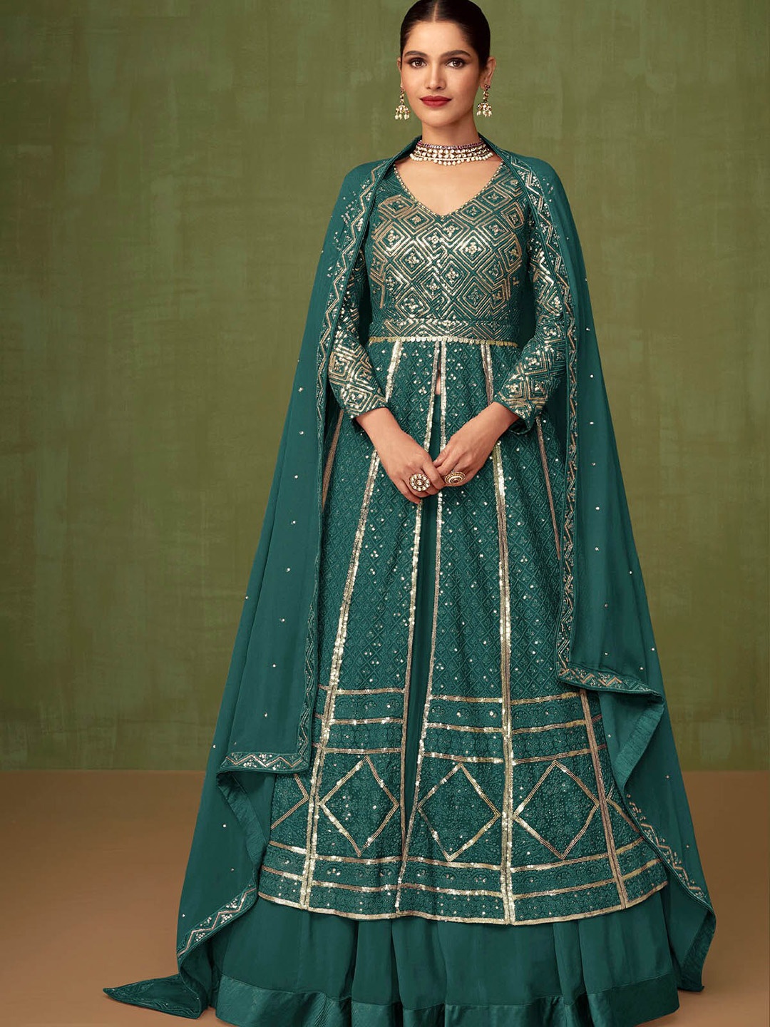 

ODETTE Embroidered Semi-Stitched Dress Material, Teal