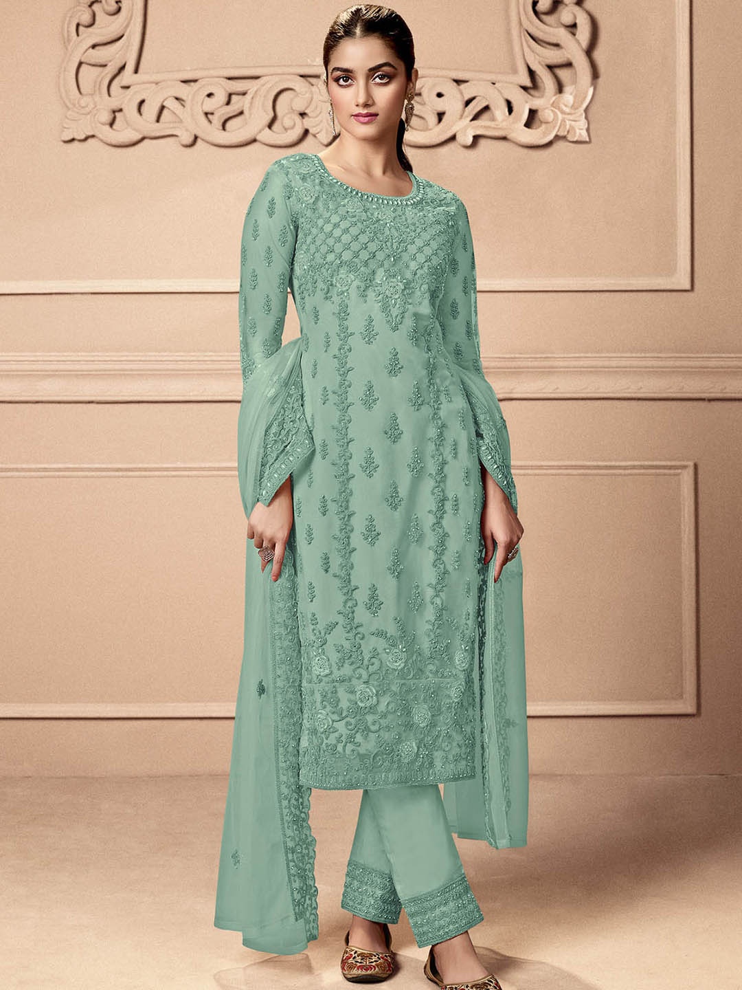 ODETTE Embroidered Semi-Stitched Dress Material, Sea green