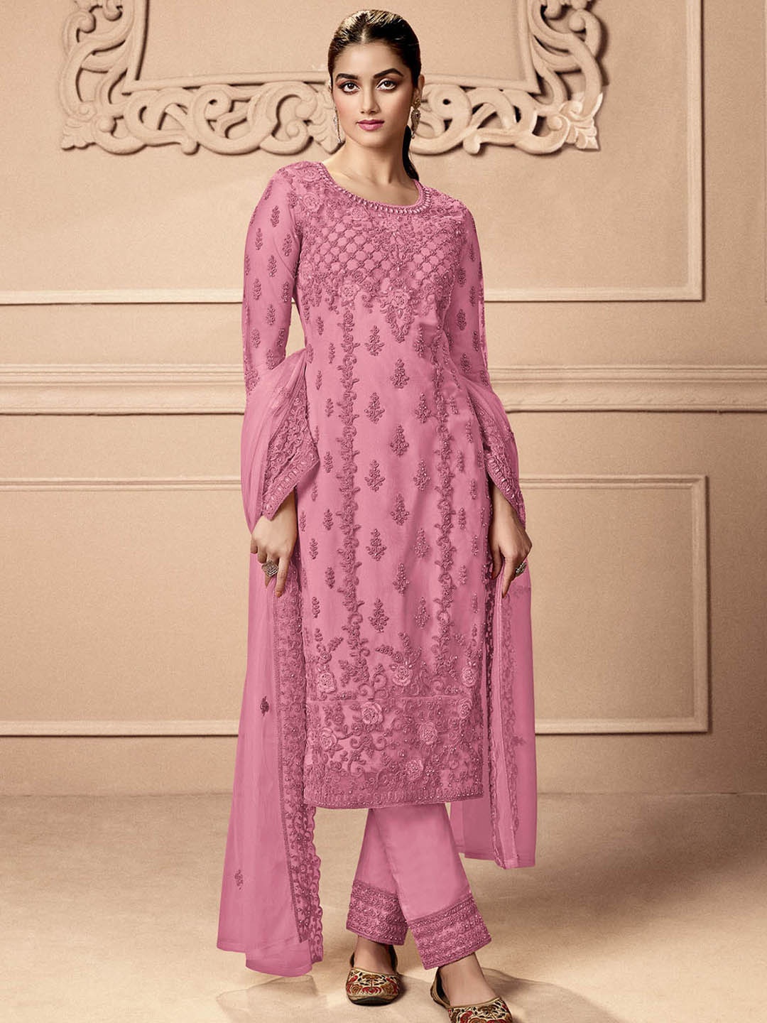 ODETTE Embroidered Semi-Stitched Dress Material, Pink