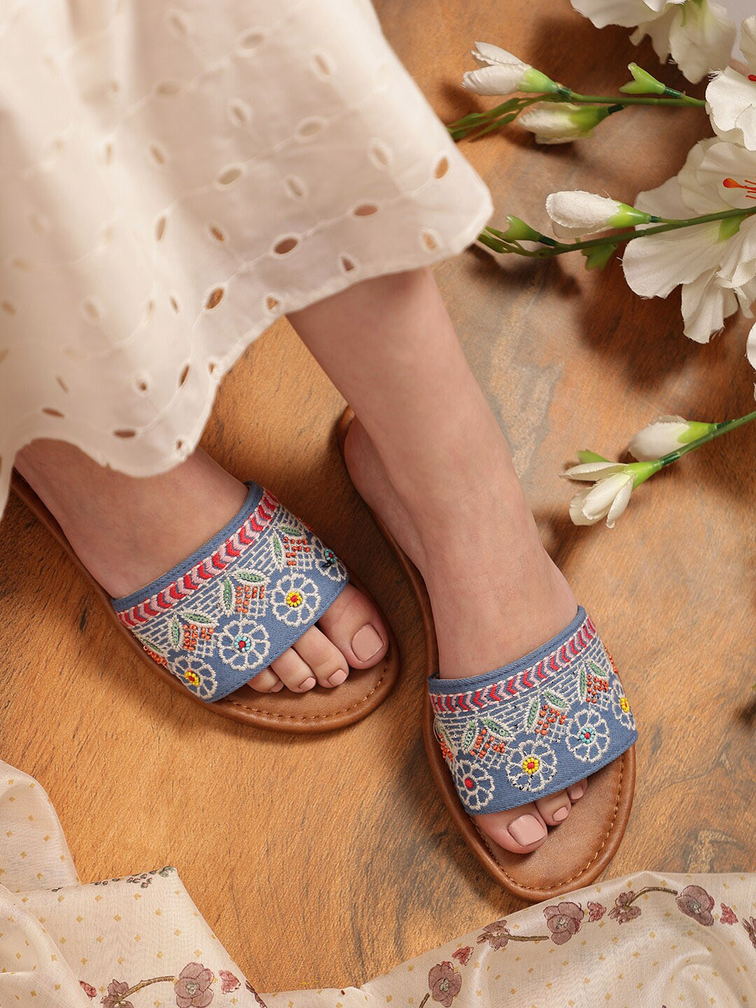 

Kiana House Of Fashion Embroidered Open Toe Flats, Blue