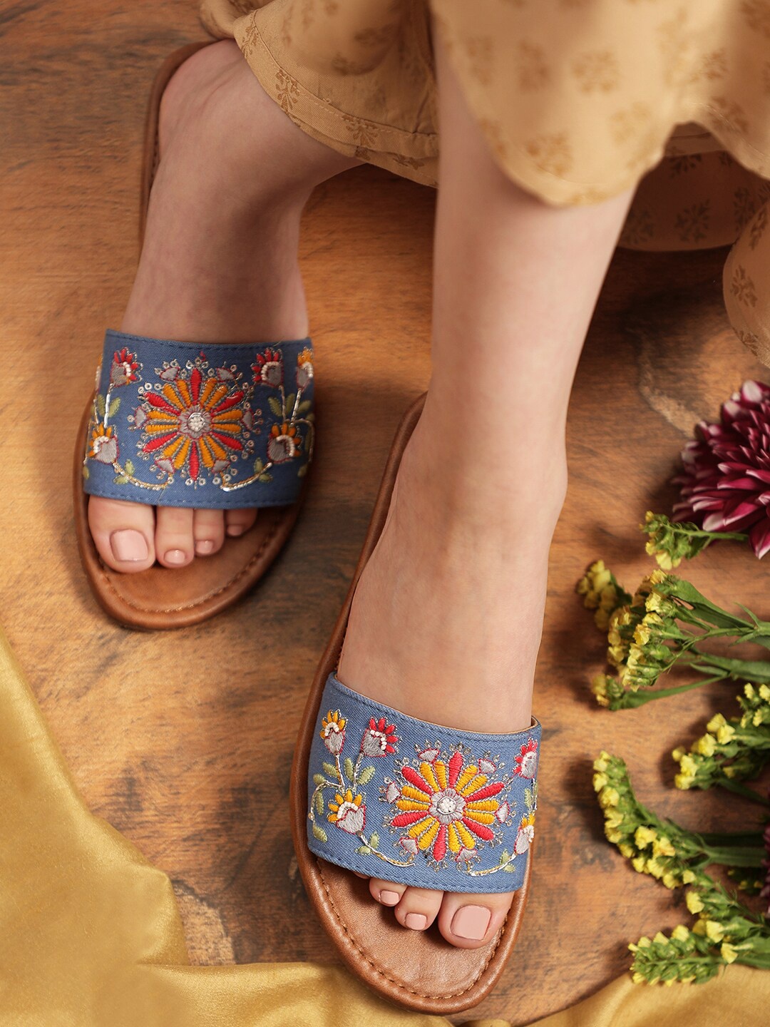 

Kiana House Of Fashion Women Embroidered Embellished Open Toe Flats, Blue