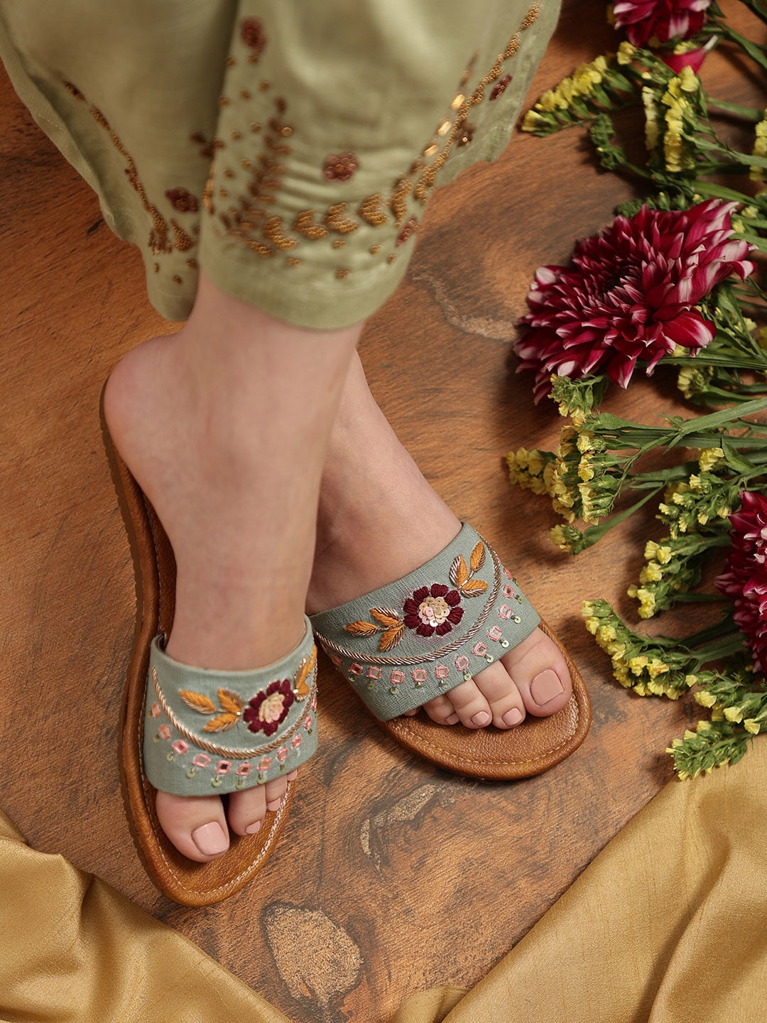 Kiana House Of Fashion Women Embroidered Embellished Open Toe Flats, Sea green