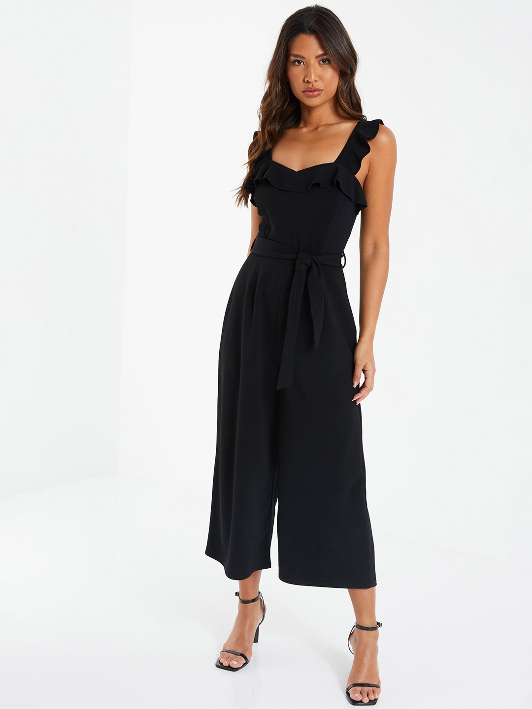 

QUIZ Shoulder Straps Sleeveless Waist Tie Ups Culotte Jumpsuit, Black