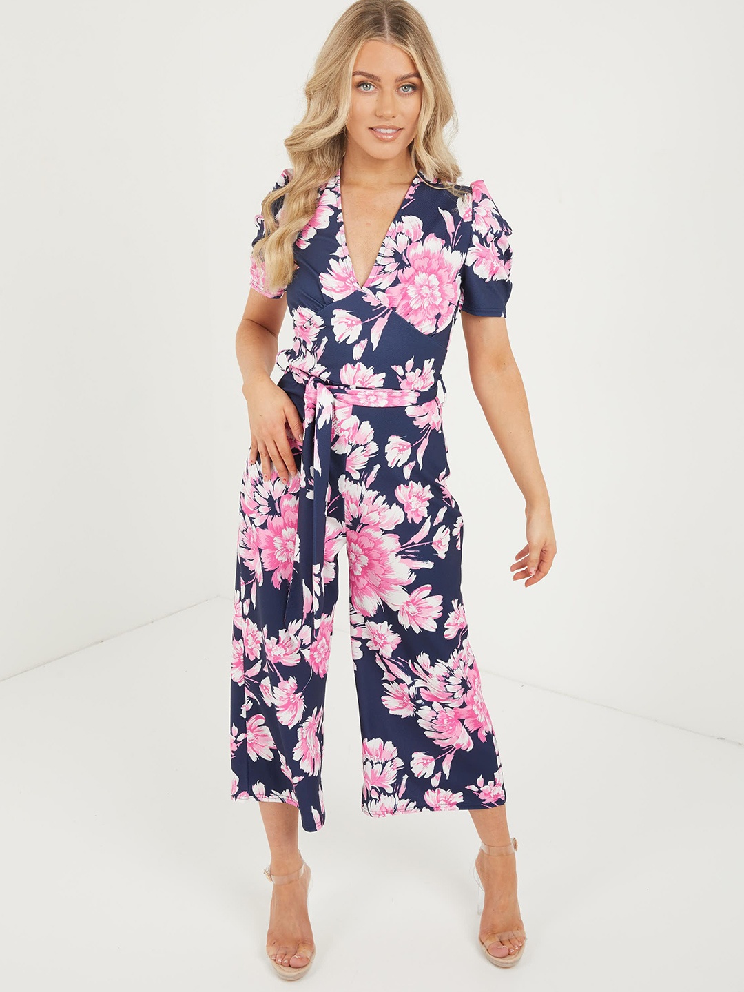

QUIZ Floral Printed Waist Tie Ups V-Neck Culotte Jumpsuit, Navy blue